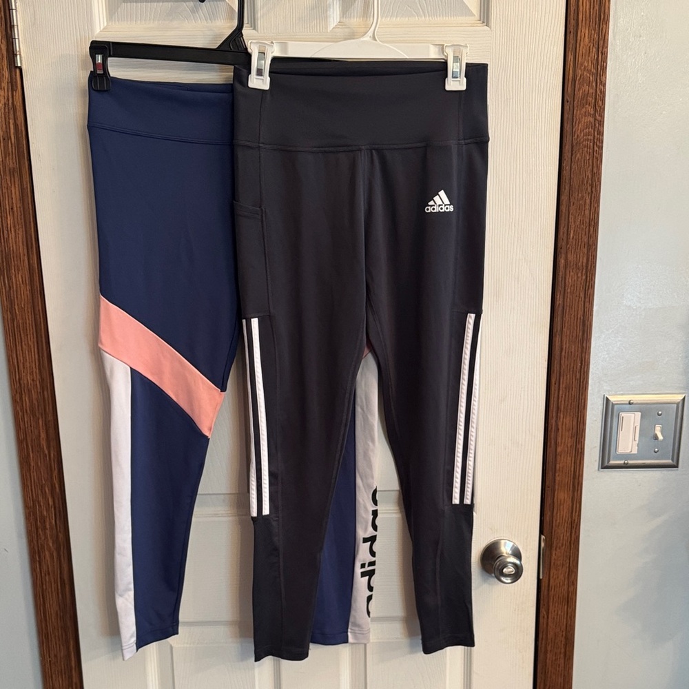 Adidas Women’s ' Black and Navy Leggings with Pink and White Accents size medium